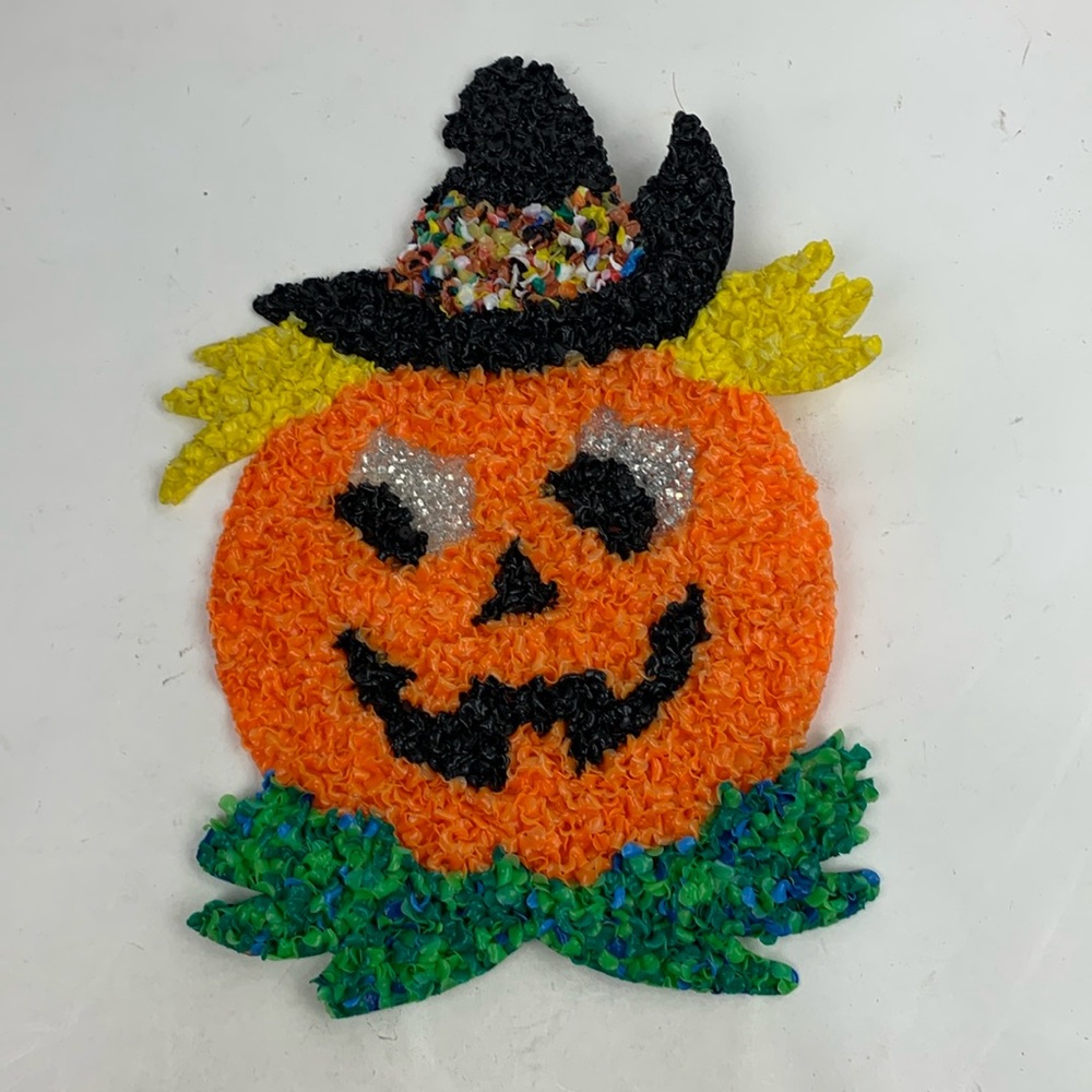 Vintage Melted Popcorn Pumpkin Jack o Lantern Halloween wall hanging decor